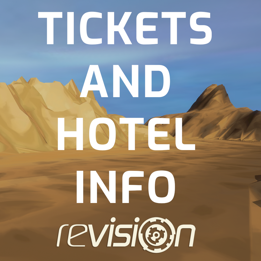 TICKETS AND HOTEL INFO - REVISION. Title text over a digital graphic of a rocky terrain