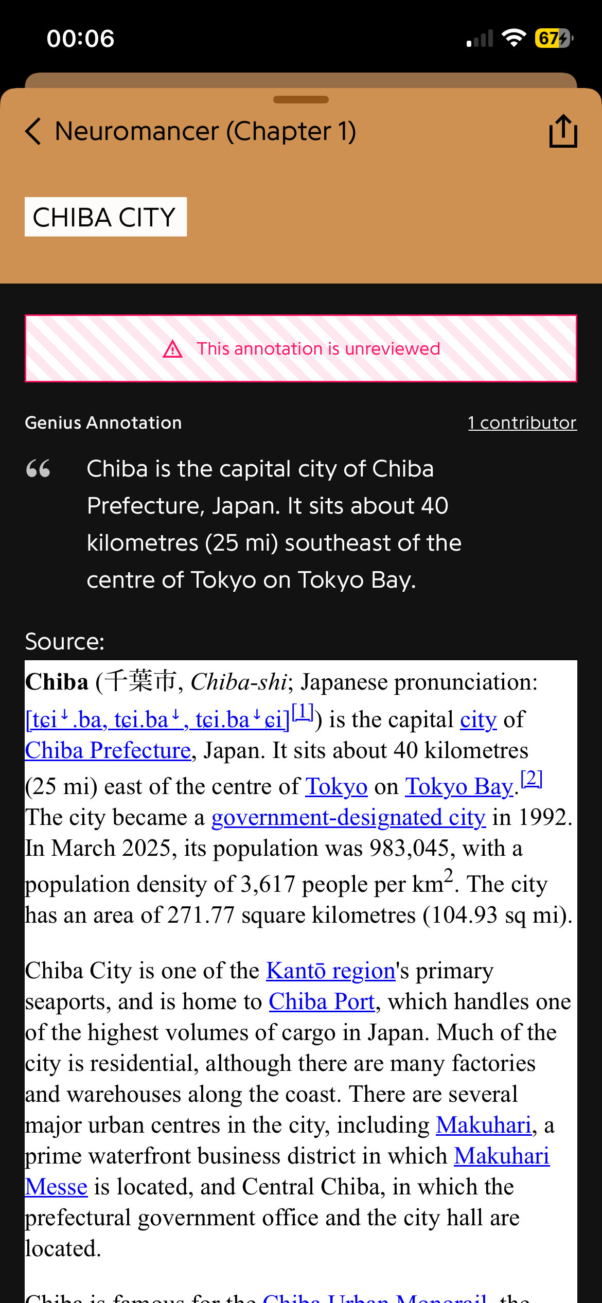 Annotation for „Chiba City“, mostly the first paragraph of Wikipedia, with the full Wikipedia article cited below