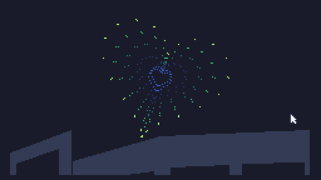 Screenshot from "The one that got away" - a depiction of a drone show above some buildings, with the drones forming a heart